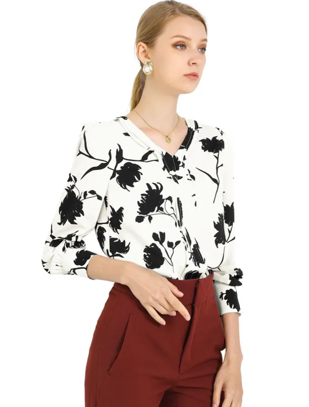 Women's V-Neck Long Sleeve Pleated Front Floral Printed Blouse sold by Allegra K