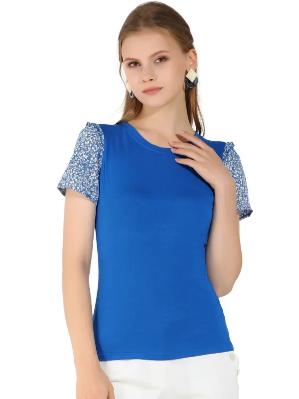 Women's Ruffled Blouse Soft Contrast Panel Floral Short Sleeve Tee Tops sold by Allegra K