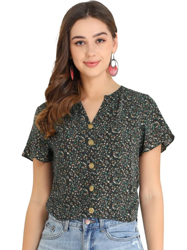 Women's Summer Ruffle Short Sleeve Tops V Neck Button Ditsy Floral Blouse sold by Allegra K