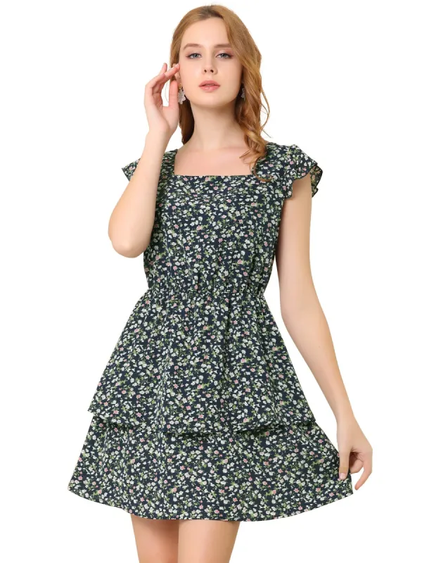 Women's Short Sleeve Square Neck Elastic Waist Layered Floral Mini Dress sold by Allegra K