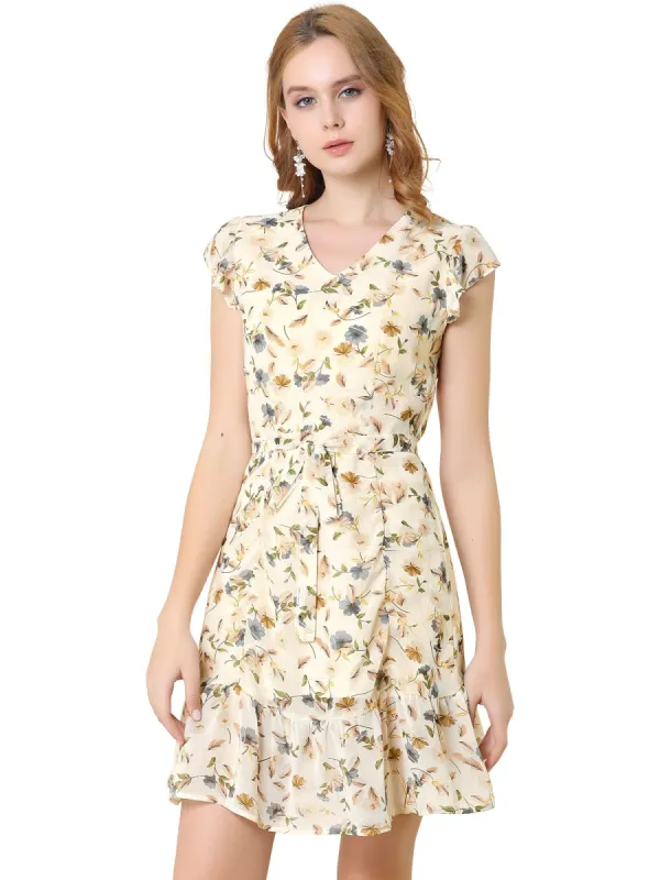 Women's Casual Short Sleeve Cute Tie V Neck A-Line Floral Dress sold by Allegra K