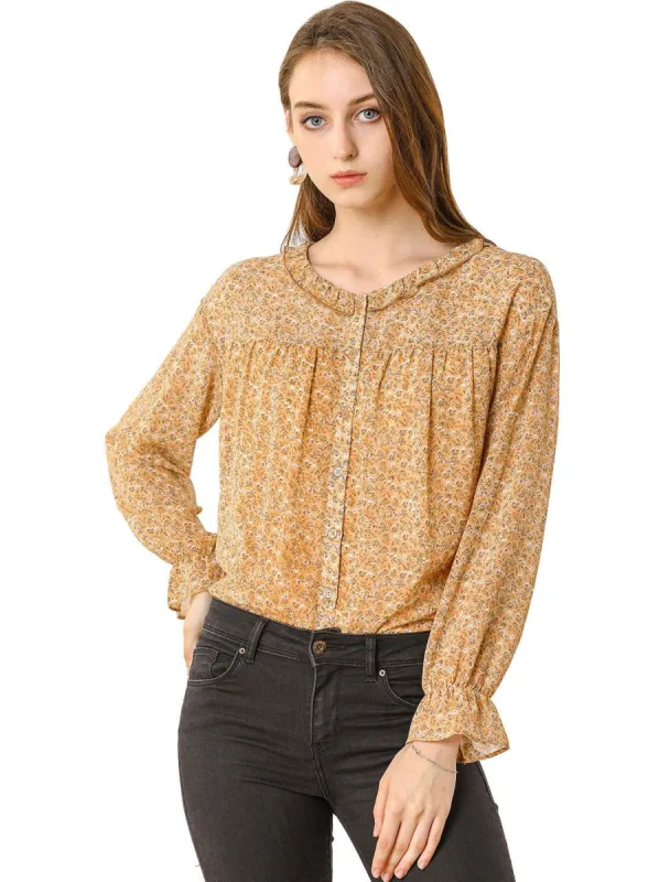Women's Chiffon Button Down Shirt Ditsy Floral Printed Ruffle Neck Long Sleeve Ruffle Cuff Top Blouse sold by Allegra K
