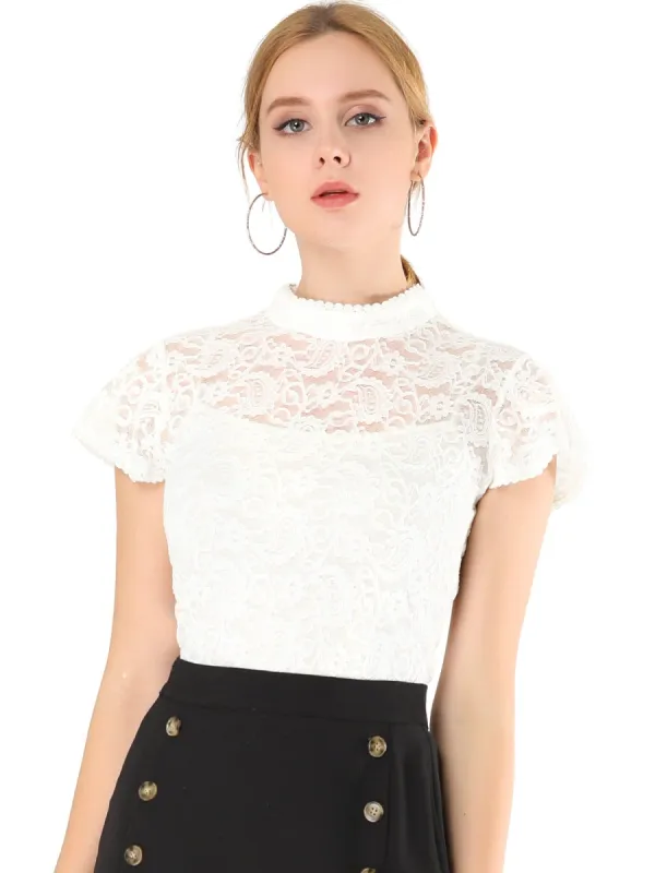 Women's Lace Stand Collar Top Short Sleeve Semi Sheer Floral Blouse sold by Allegra K