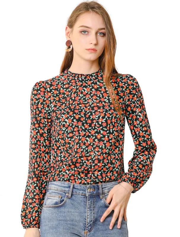 Women's Elegant Collared Long Sleeve Tops Floral Chiffon Blouses sold by Allegra K