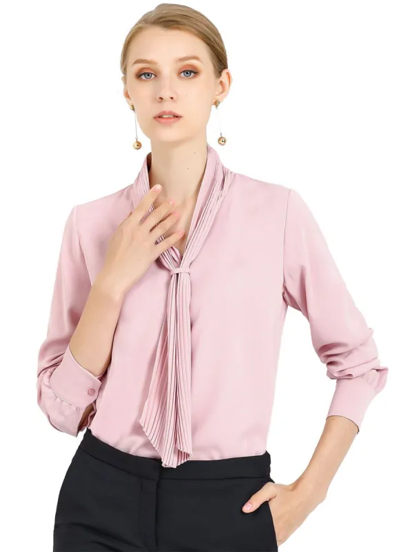 Women's Elegant Work Office Blouse Long Sleeve Pleated Tie Neck Top Shirt sold by Allegra K