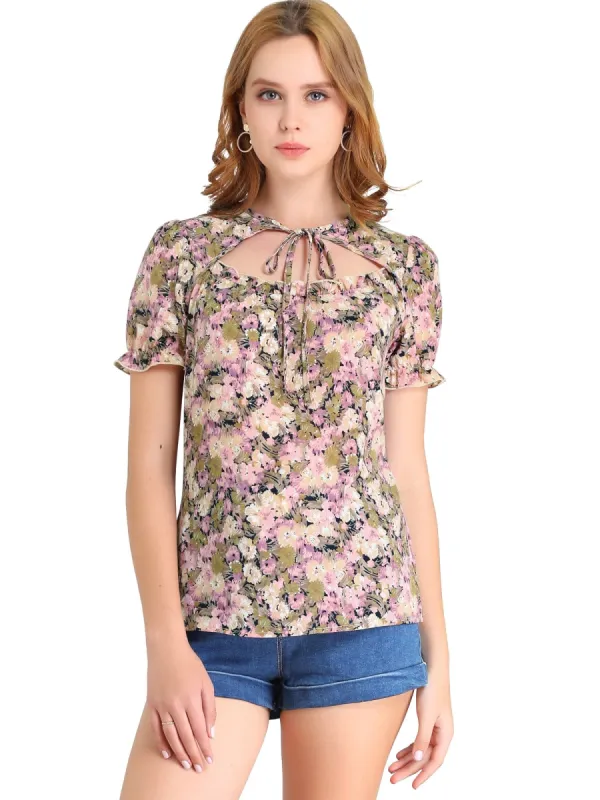 Women's Floral Print Tops Ruffle Tie Neck Short Sleeve Casual Blouse sold by Allegra K