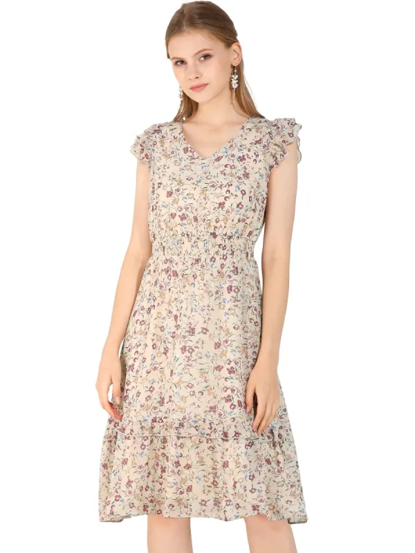 Women's Floral Flutter Sleeves V Neck Smocked Ruffle Dress sold by Allegra K