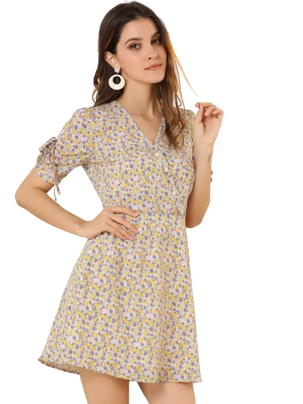 Women's Floral Puff Sleeves V Neck Ruched Cuffs Wrap Dress made by Allegra K