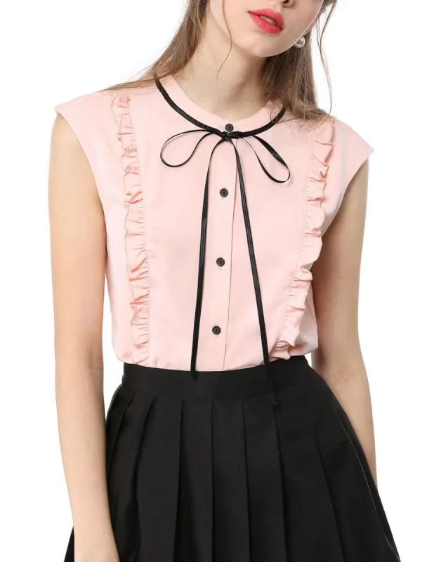 Allegra K Tie Neck Sleeveless Ruffle Button Down Chiffon Shirt sold by Allegra K