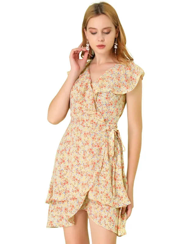 Women's Ruffle Front Sleeveless V Neck Tulip Hem Wrap Floral Mini Dress sold by Allegra K