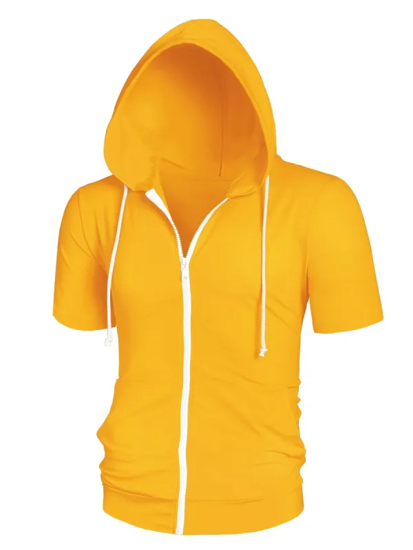 Men's Hoodies Solid Color Zip Up Short Sleeve Jackets with Hood sold by Allegra K