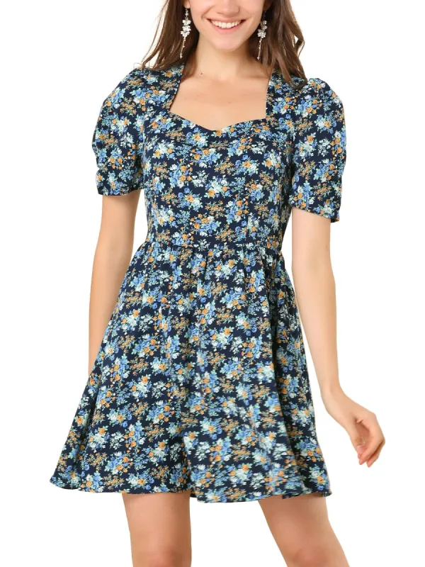 Women's  Floral Vintage Puff Short Sleeve Sweetheart Neck A-Line Mini Dress sold by Allegra K