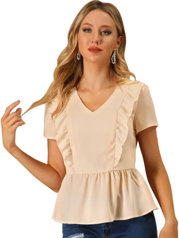 Women's Pleated V Neck Blouse Summer Casual Peasant Ruffle Decor Top sold by Allegra K