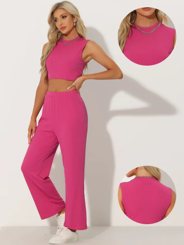 2PCS Sleeveless Crop Tank Top and Wide Leg Pants Casual Tracksuit Set sold by Allegra K