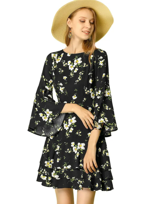 Women's Floral Prints Bell Sleeve Ruffle Hem Fit and Flare Dress sold by Allegra K