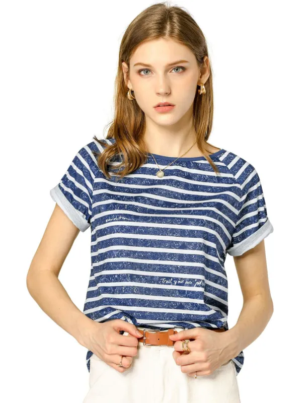 Women's Slogan Stripe Short Raglan Sleeves Loose Casual Knit T-Shirt made by Allegra K