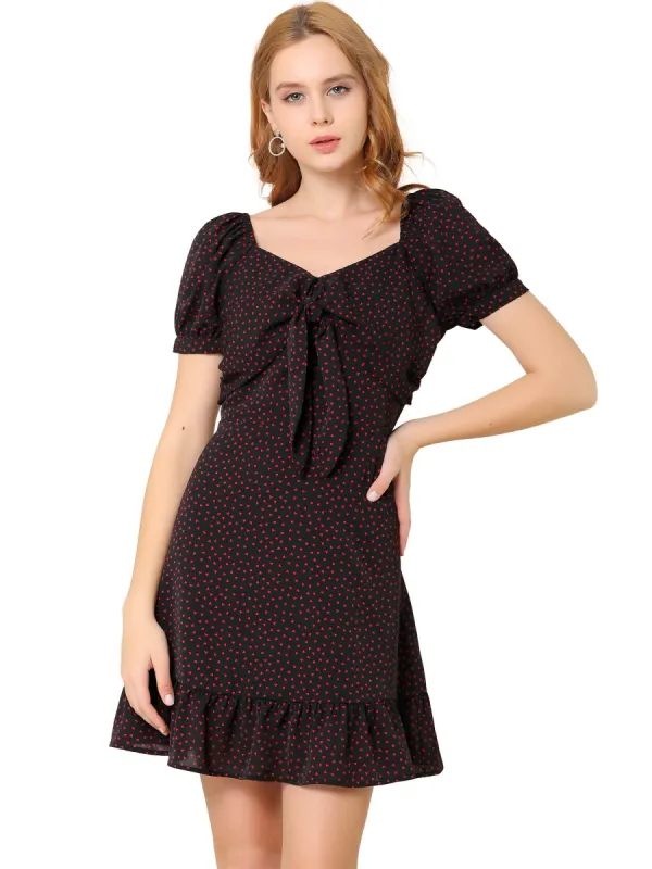 Women's Ruffle Hem Sweetheart Neck Heart Tie Front Flare Mini Dress sold by Allegra K
