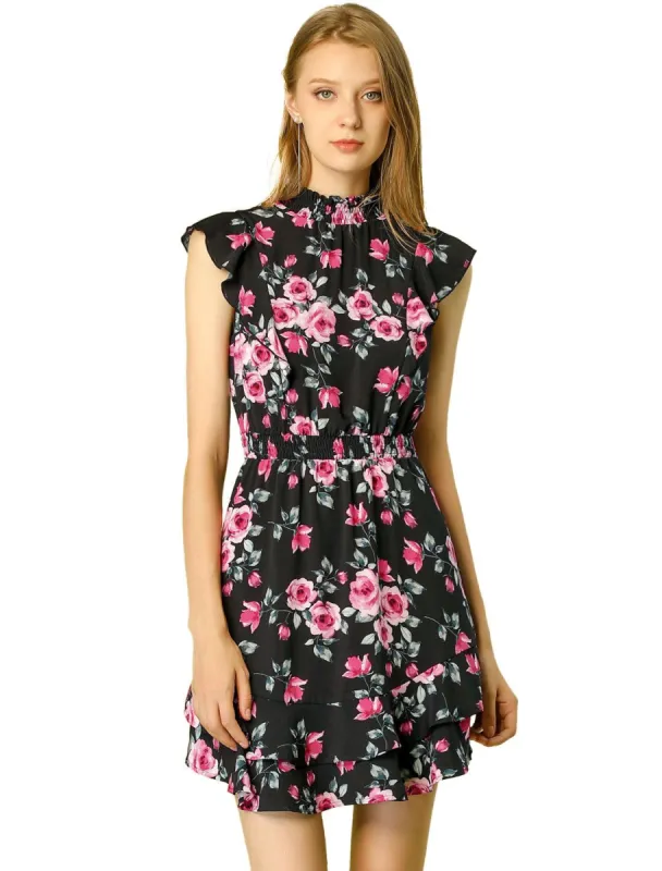 Women's Ruffles Floral Printed Mock Neck Tiered Smocked Dress sold by Allegra K