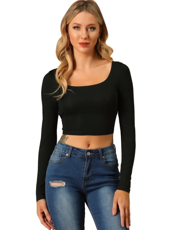 Women's U Neck Criss Cross Back Long Sleeve Slim Fit Bow Tie Waist Crop Tops sold by Allegra K