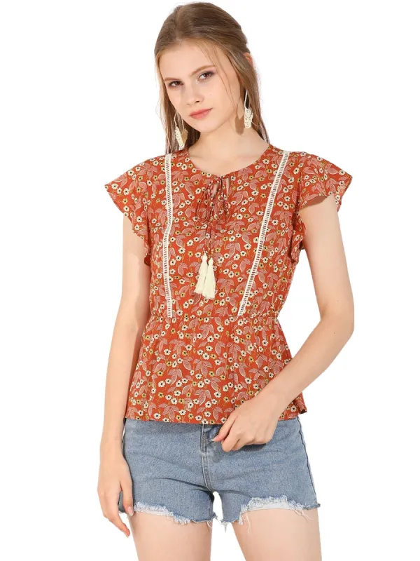Women's Tassel Tie Square Neck Short Sleeve Floral Vintage Blouses sold by Allegra K