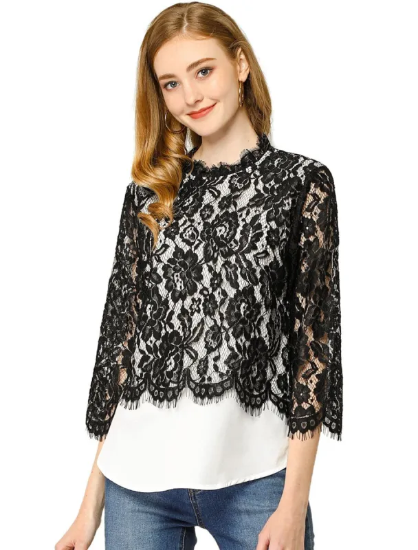 Women's Lace Floral Trim Tops Ruffle Neck See-Through Blouse sold by Allegra K