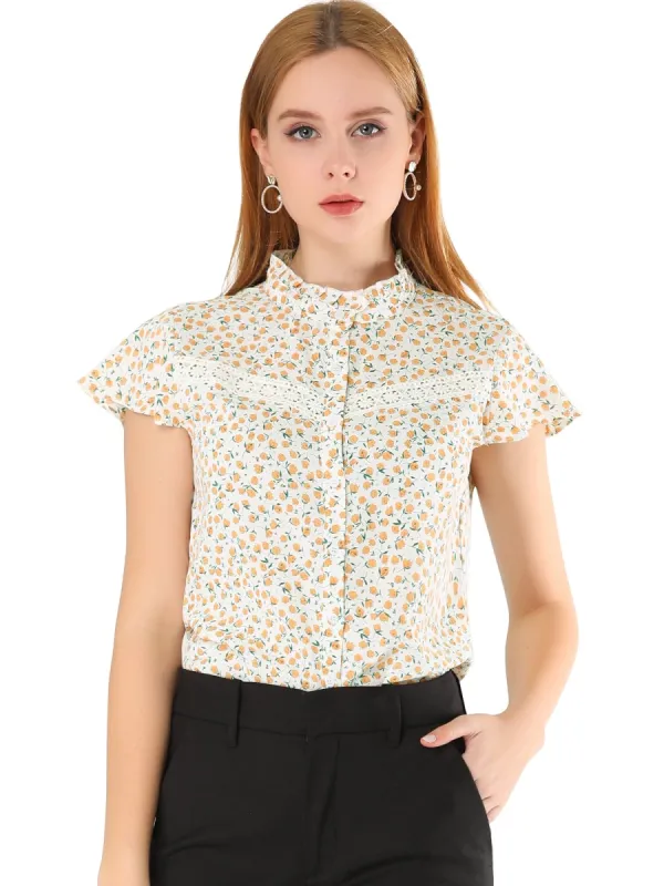 Women's Lace See Through Blouses Ruffle Frill Neck Cap Sleeve Floral Button Up Tops sold by Allegra K