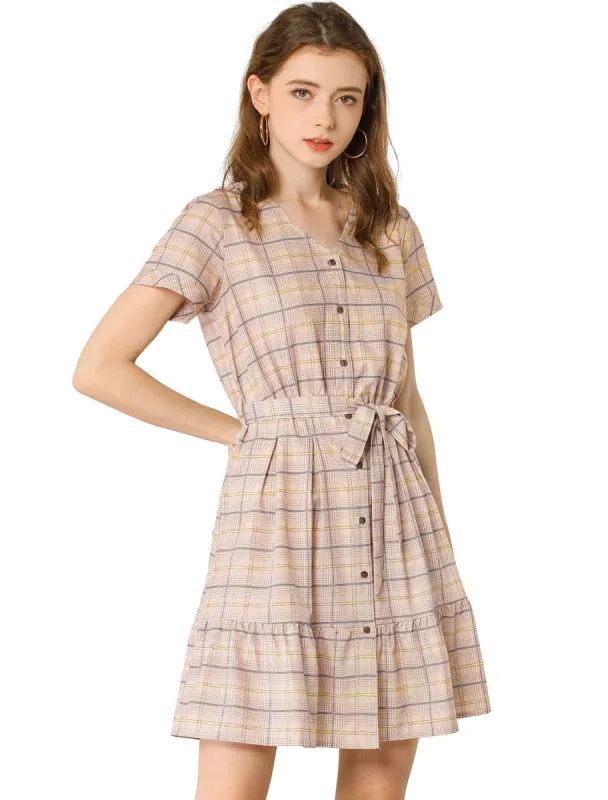 Women's Plaid V Neck Button Down Belted A-Line Dress sold by Allegra K