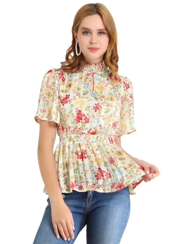 Women's Keyhole Front Smocked Waist Flare Sleeve Floral Peplum Top made by Allegra K