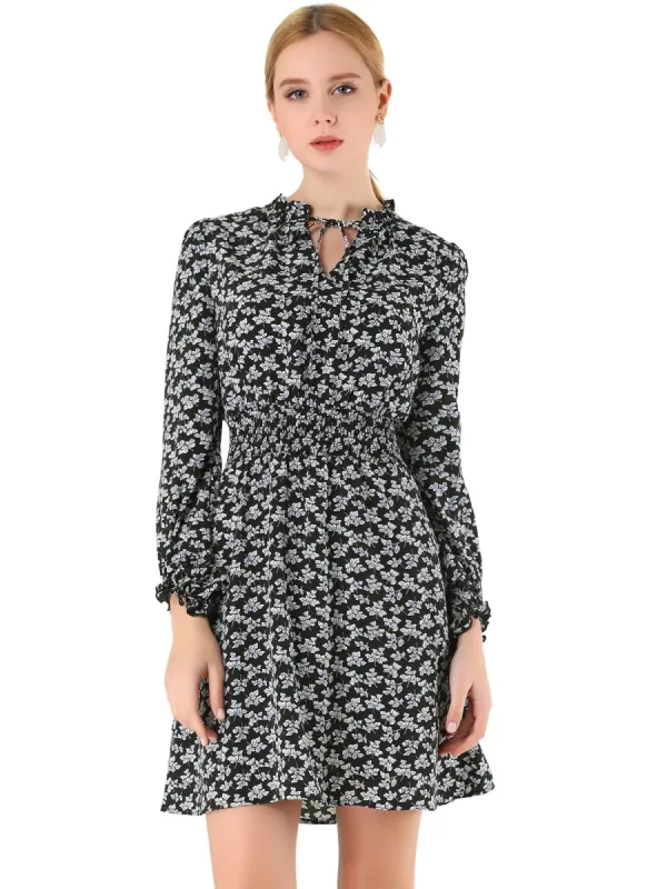 Women's Floral Smocked Waist Puff Sleeve Self-Tie Neck Mini Dress sold by Allegra K