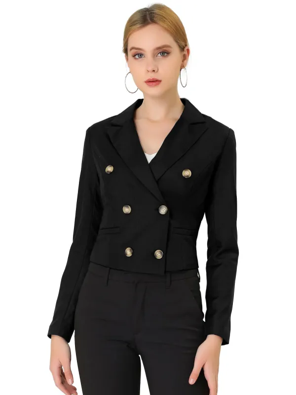 Women's Double Breasted Notched Lapel Shoulder Pad Cropped Blazer sold by Allegra K