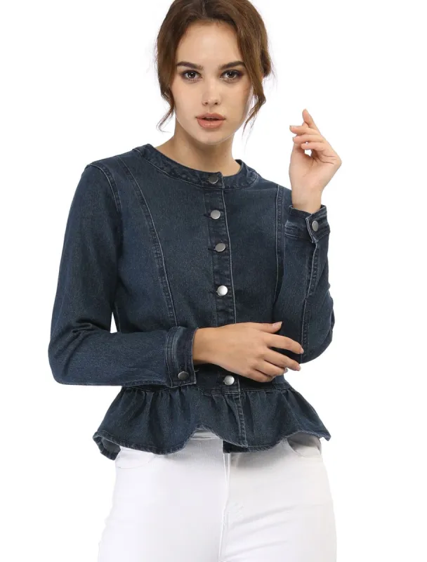 Allegra K Round Collar Peplum Denim Jacket sold by Allegra K