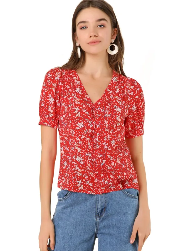 Women's Retro Puff Sleeve V Neck Button Front Pleated Floral Shirt Blouse sold by Allegra K