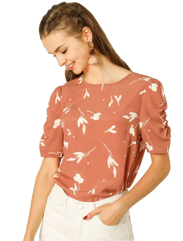 Women's Floral Blouse Crew Neck Summer Casual Shirred Short Sleeve Top sold by Allegra K
