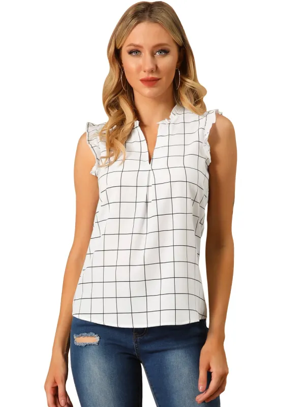 Women's Sleeveless Ruffled Trim V Neck Summer Grid Plaid Tops sold by Allegra K