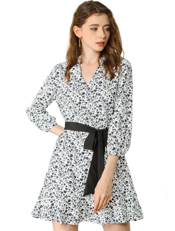 Women's Ruffle Hem V Neck Contrast Color Belted Above Knee Elegant Floral Dress sold by Allegra K