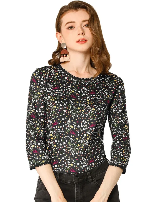 Women's 3/4 Sleeves Lace Trim Floral Top sold by Allegra K