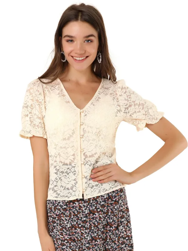 Women's Button Up V Neck Puff Sleeve Elastic Cuff Floral Lace Blouse sold by Allegra K