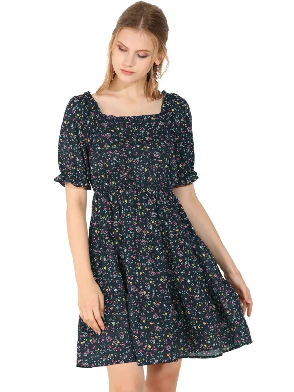 Women's Square Neck Elastic Waist Frill Trim Flowy Floral Puff Sleeve Dress sold by Allegra K