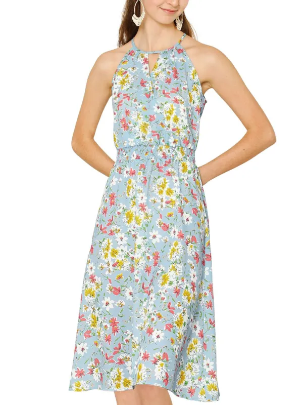 Women's Floral Halter Smocked Waist Sleeveless A-Line Dress sold by Allegra K