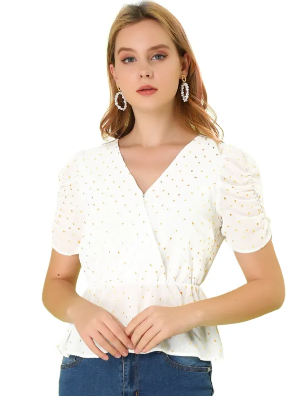 Women's Puff Sleeve Mesh Sheer Heart Print Casual V-Neck Ruffle Hem Blouse Top sold by Allegra K