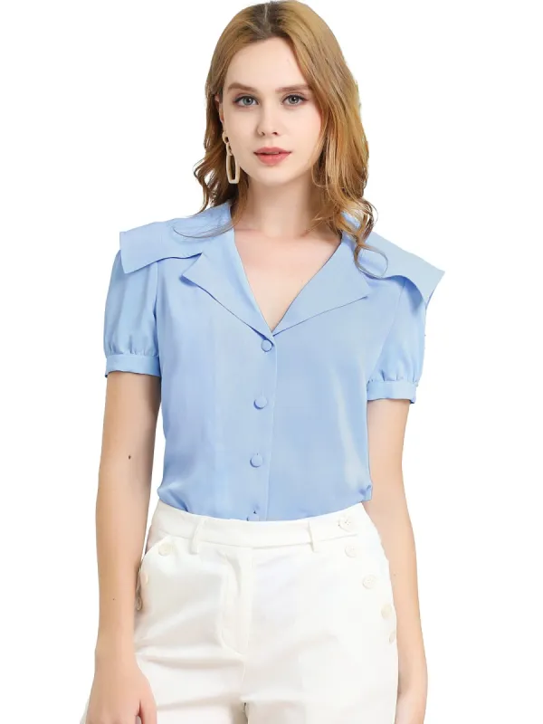 Women's Cute Button Front Puff Sleeves Sailor Collar Shirt Blouse sold by Allegra K