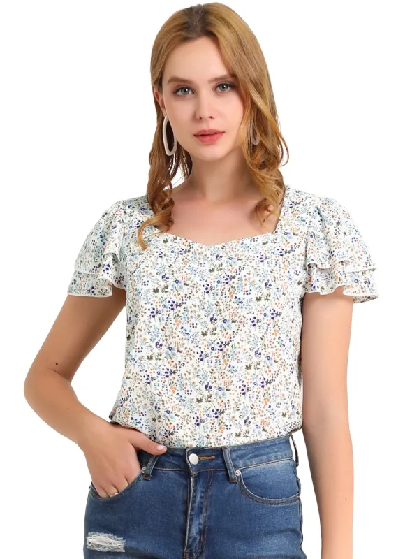 Women's Short Sleeve Layered Ruffle Casual Floral Print Sweetheart Neck Chiffon Blouse Top sold by Allegra K
