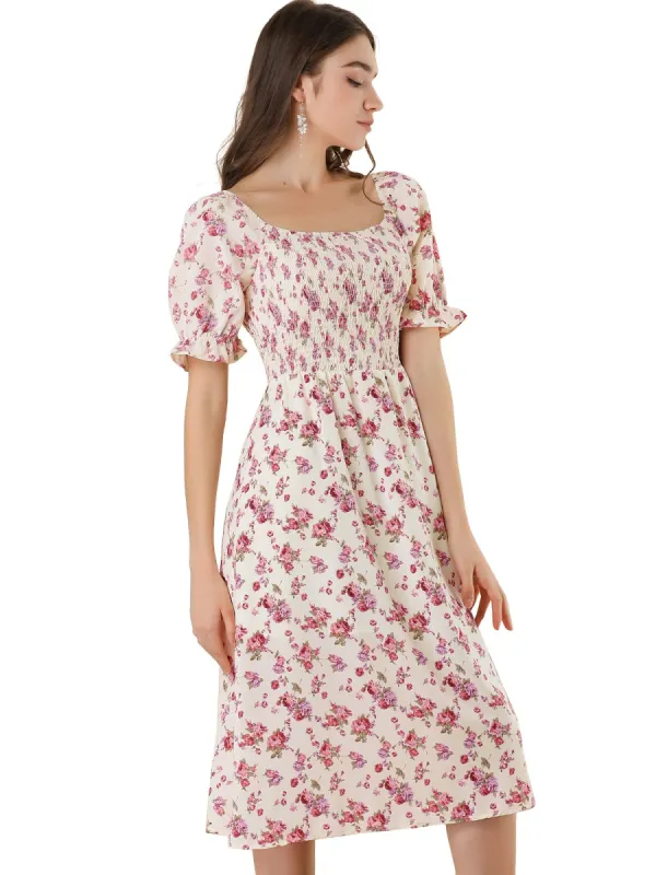 Women's Square Neck Puff Sleeves Casual Midi Smocked Floral Dress sold by Allegra K