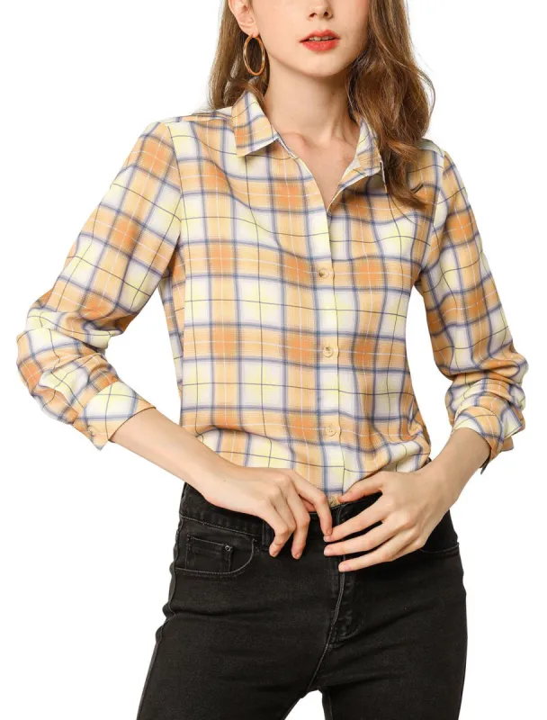 Women's Plaid Shirt Casual Office Long Sleeves Button Up Shirts made by Allegra K