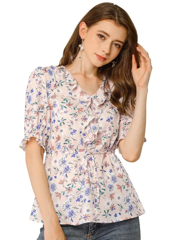 Women's Ruffle V Neck Drawstring Floral Blouse sold by Allegra K