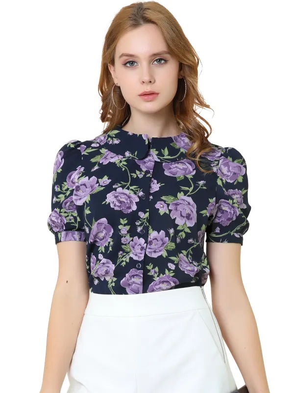 Women¡¯s Peter Pan Collar Rose Floral Print Button Front Short Sleeve Top Shirt sold by Allegra K