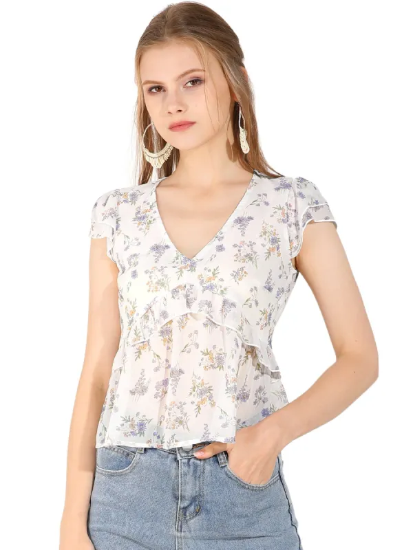 Women's Ruffle Front Deep V Neck Cinched Waist Flare Sleeve Floral Top sold by Allegra K