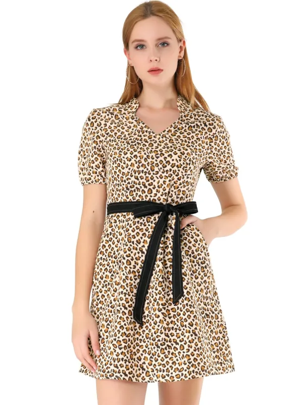 Women's Leopard Print V Neck Slash Pocket Tie Waist Mini Dress made by Allegra K
