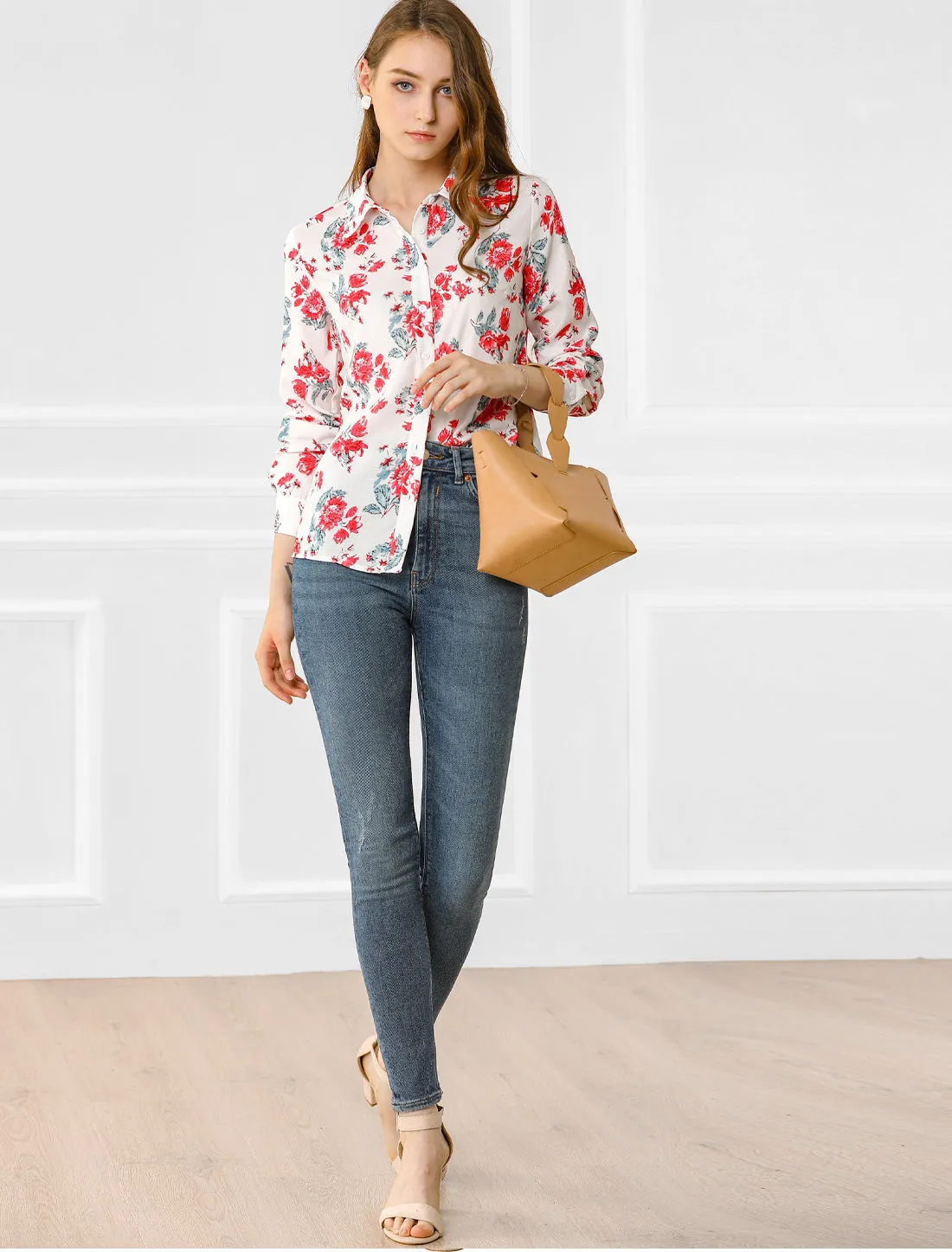 Button Down Floral Blouse Long Sleeve Point Collar Shirt Top sold by Allegra K product image thumbnail 3