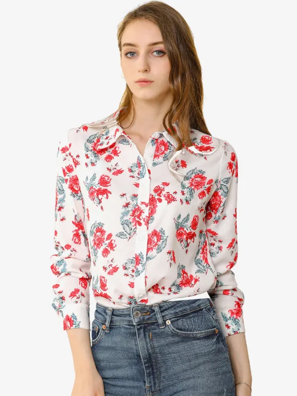 Button Down Floral Blouse Long Sleeve Point Collar Shirt Top sold by Allegra K